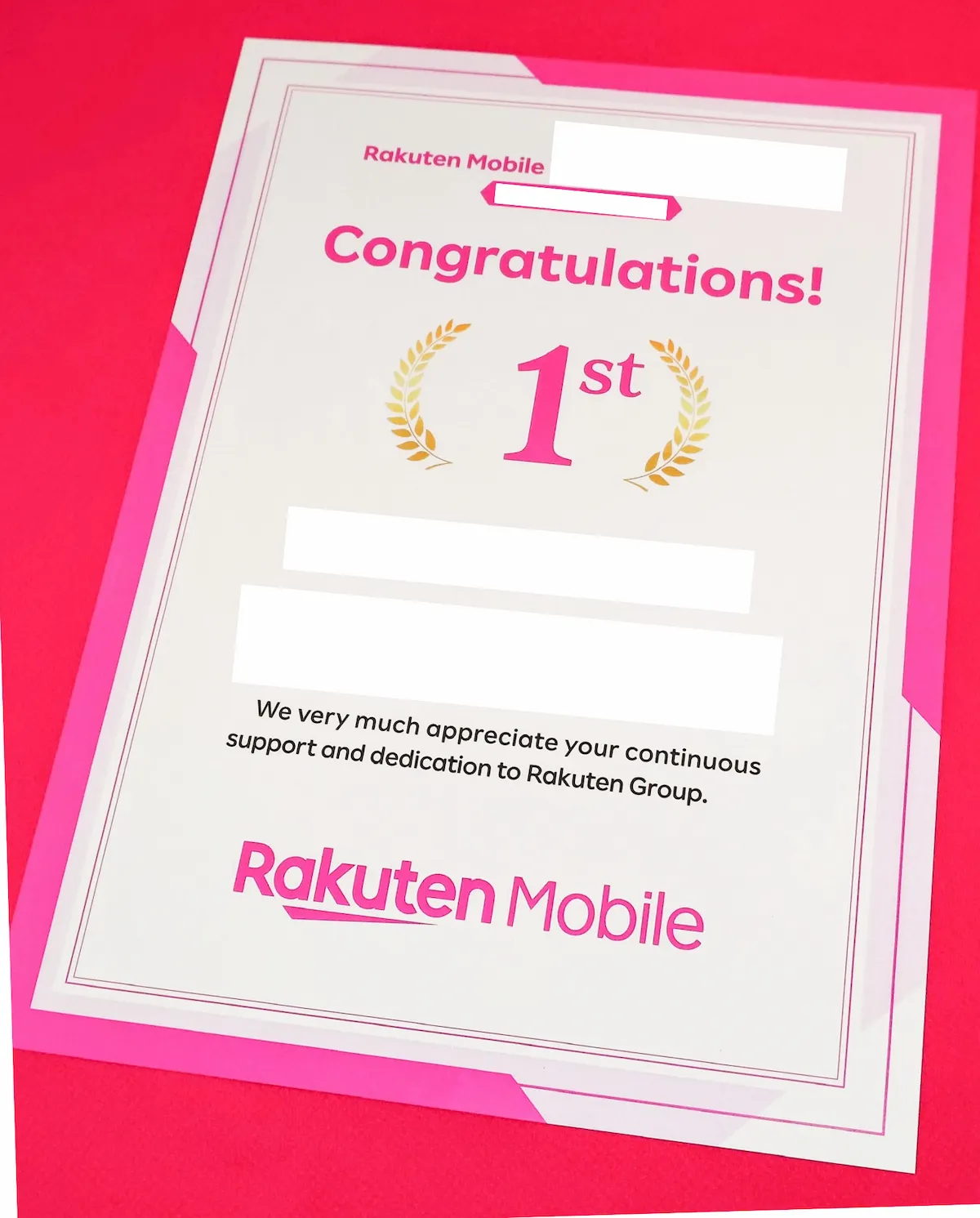 Certificate from Rakuten Mobile recognizing Takahiko Tanaka’s first-place ranking among Rakuten Group employees for employee referrals.
